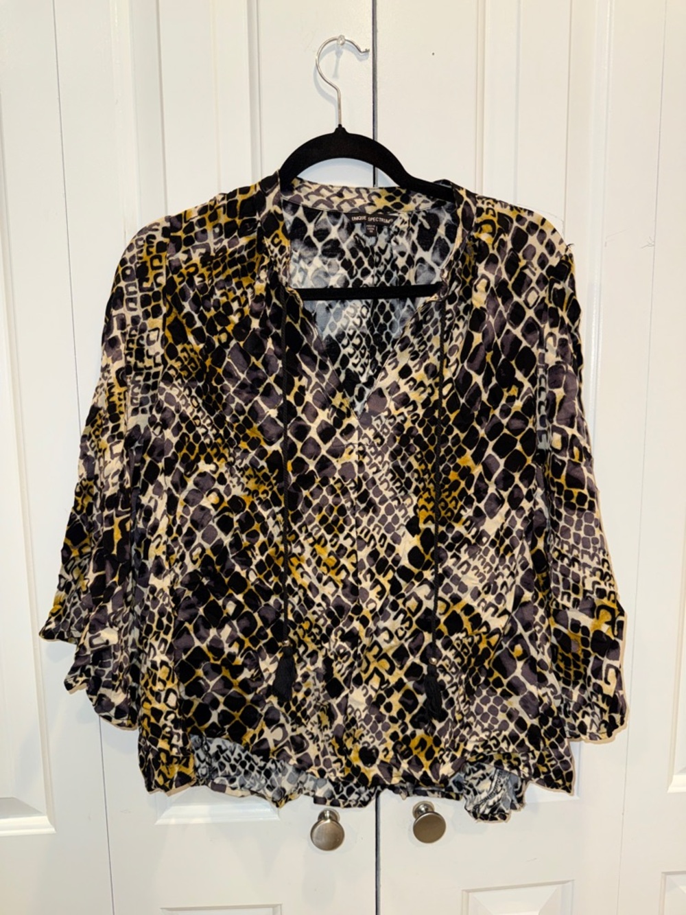 Animal Print Ruffle‎ Sleeve Blouse - Black & Yellow